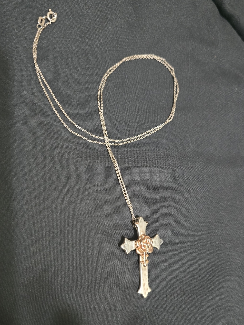Silver Rose Gold Cross Necklace with Rose Accent , 11" Chain